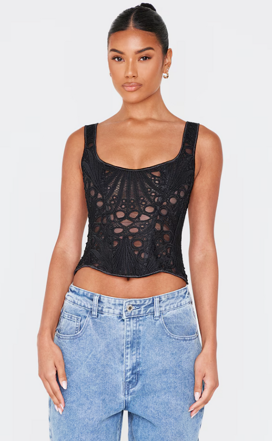 Suma Black Textured Sheer Floral Square Neck Corset